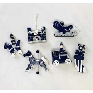 Vintage Lot of 6 Folk Art Wooden Blue Silver White Christmas Ornaments